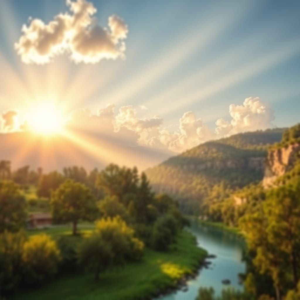 Serene Quarry Landscape with Vibrant Greenery and Soft Focus...