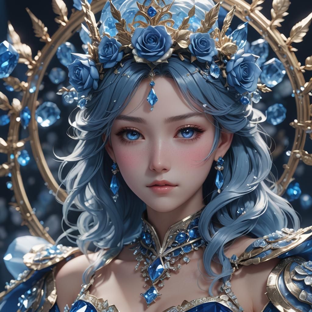 Blue Crystal Rose Queen in 3D Anime Art