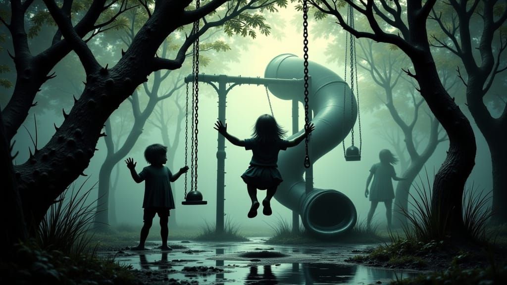 A child's nightmare made manifest: a playground where swings...