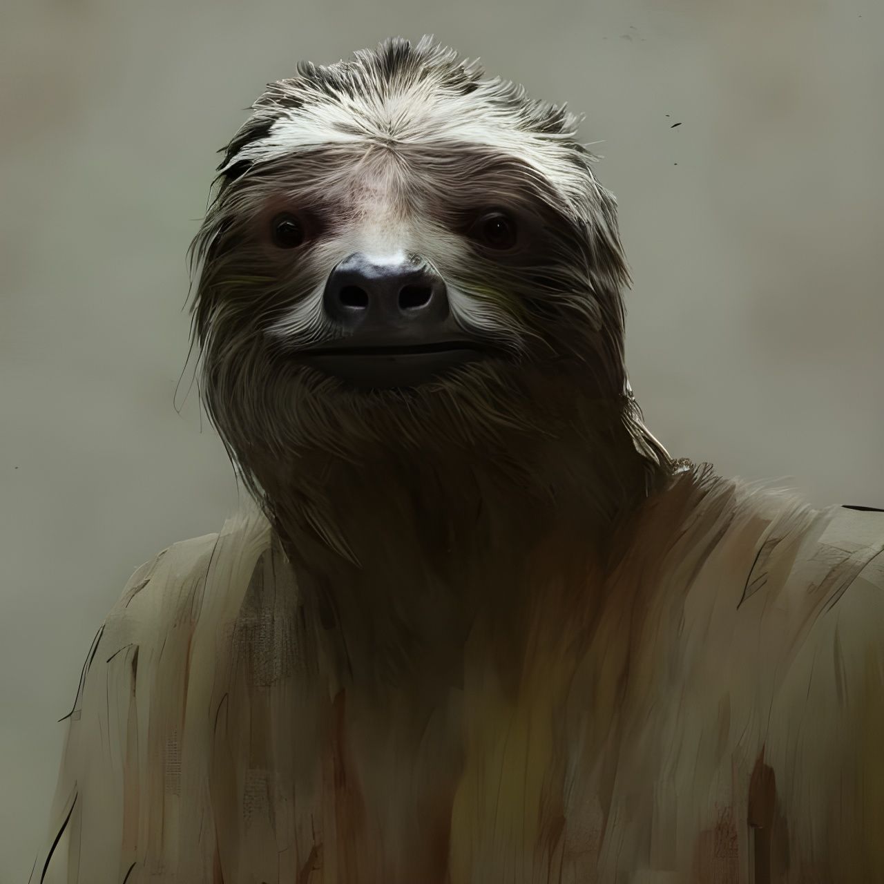Eerie Sloth Portrait in Rustic Mixed-Media Style
