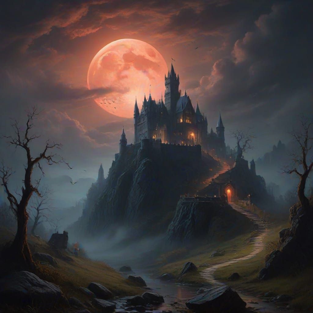 Gothic Castle Illuminated by Blood Moon in Dramatic Oil Pain...