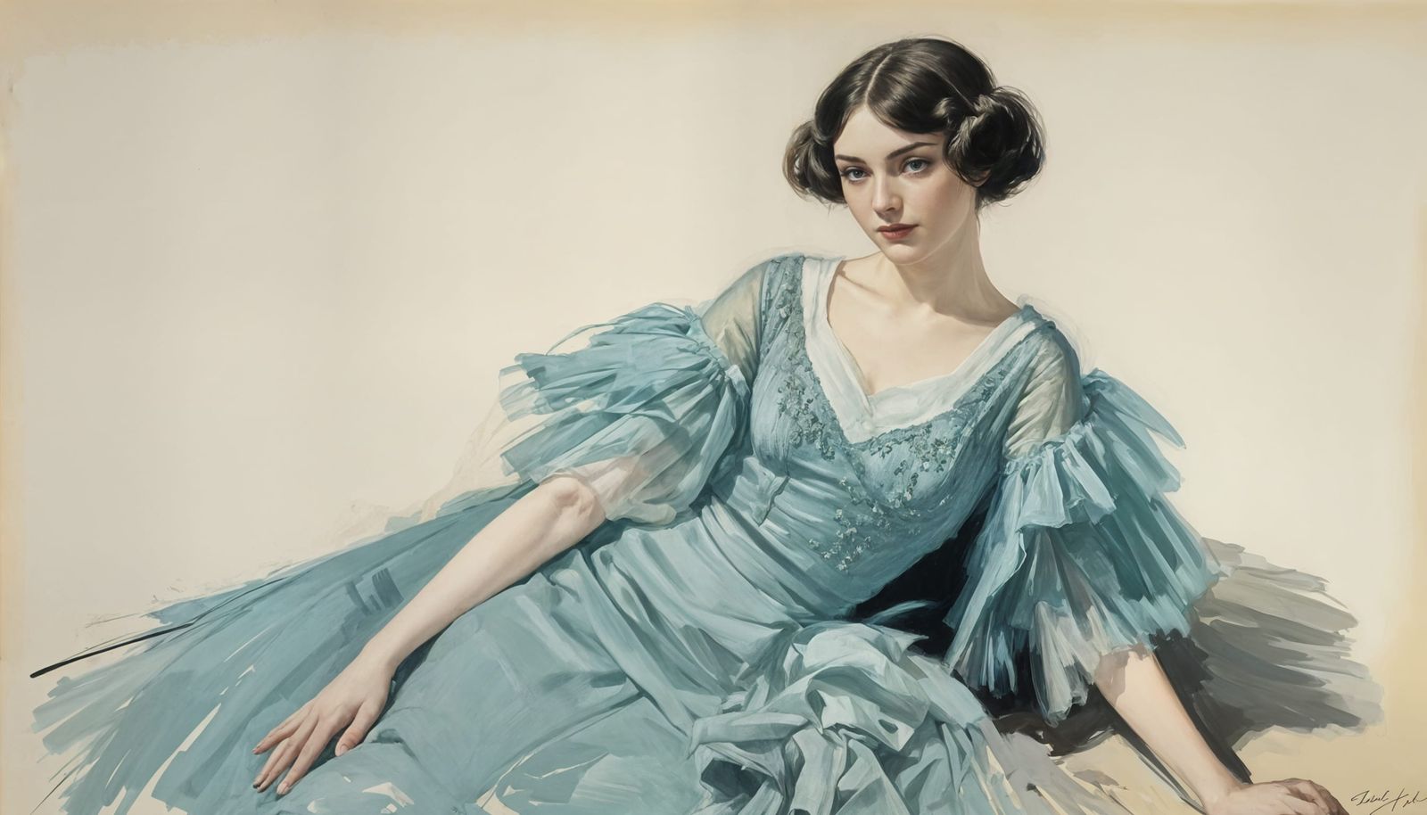 Woman in Blue and Yellow Brocade, Oil Painting