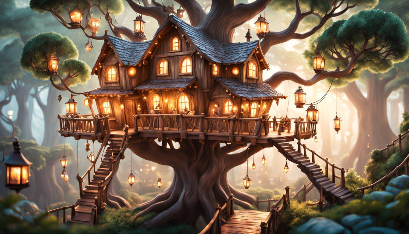 Whimsical Treehouse Village in Golden Hour Glow