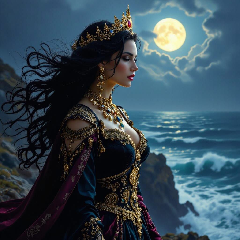 Majestic Queen on Cliff Overlooking Stormy Sea