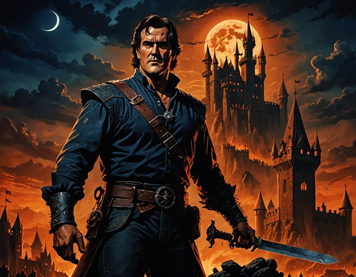 Heroic Figure Battles Evil on Castle Top