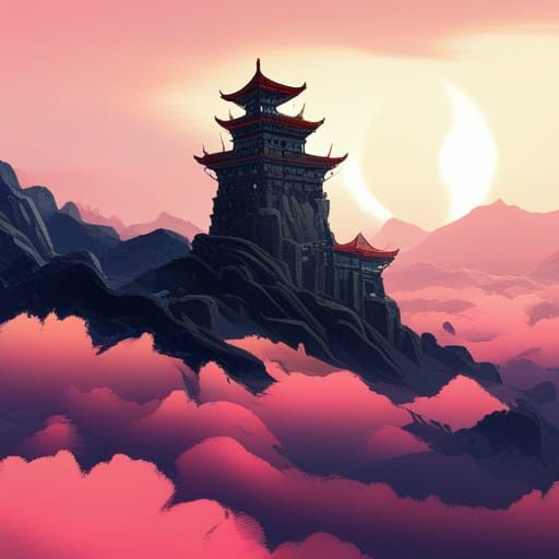 Japanese Fortress in Dark Fantasy Landscape