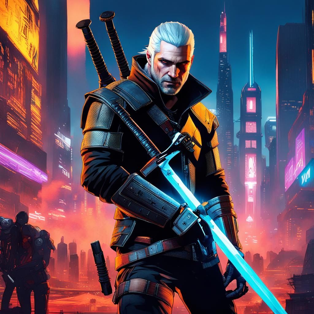 Geralt of Rivia in Cyberpunk City Fight