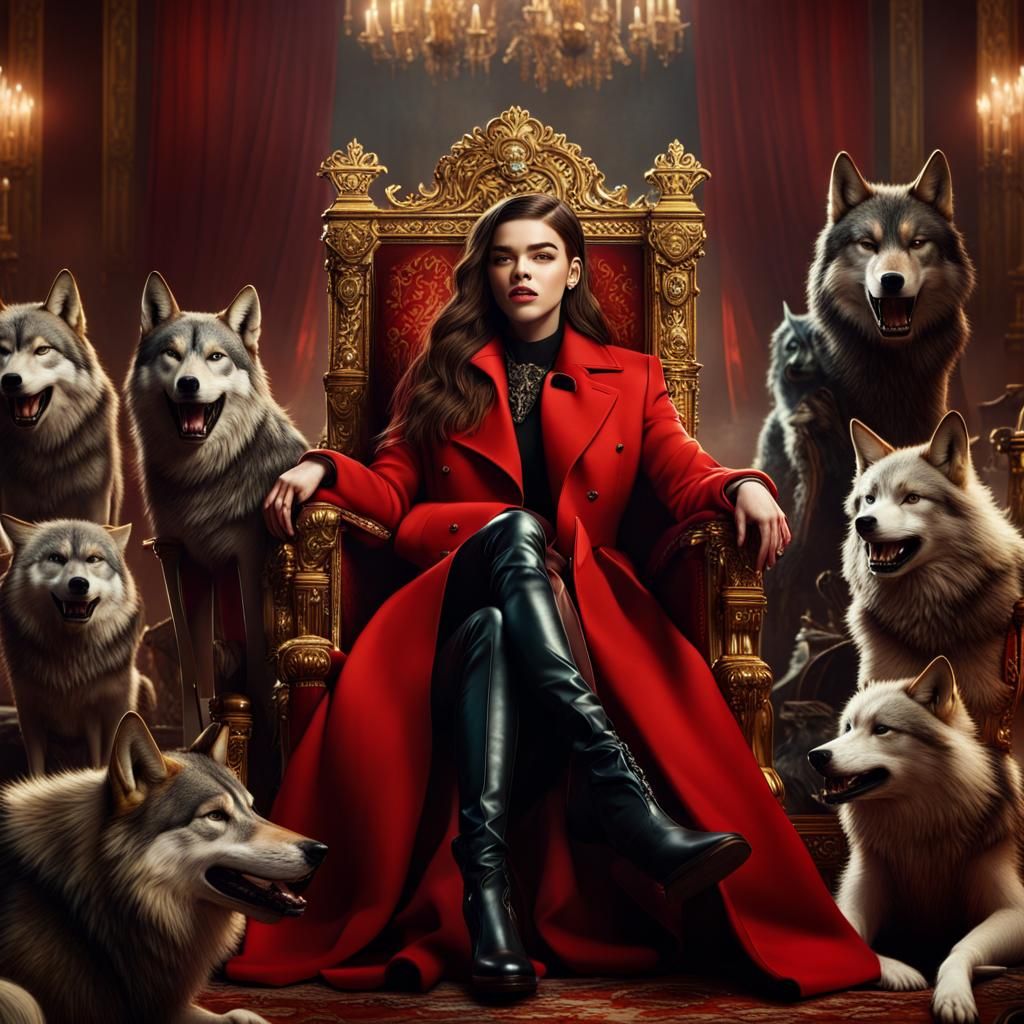 Queen on Throne with Wolves in Digital Painting