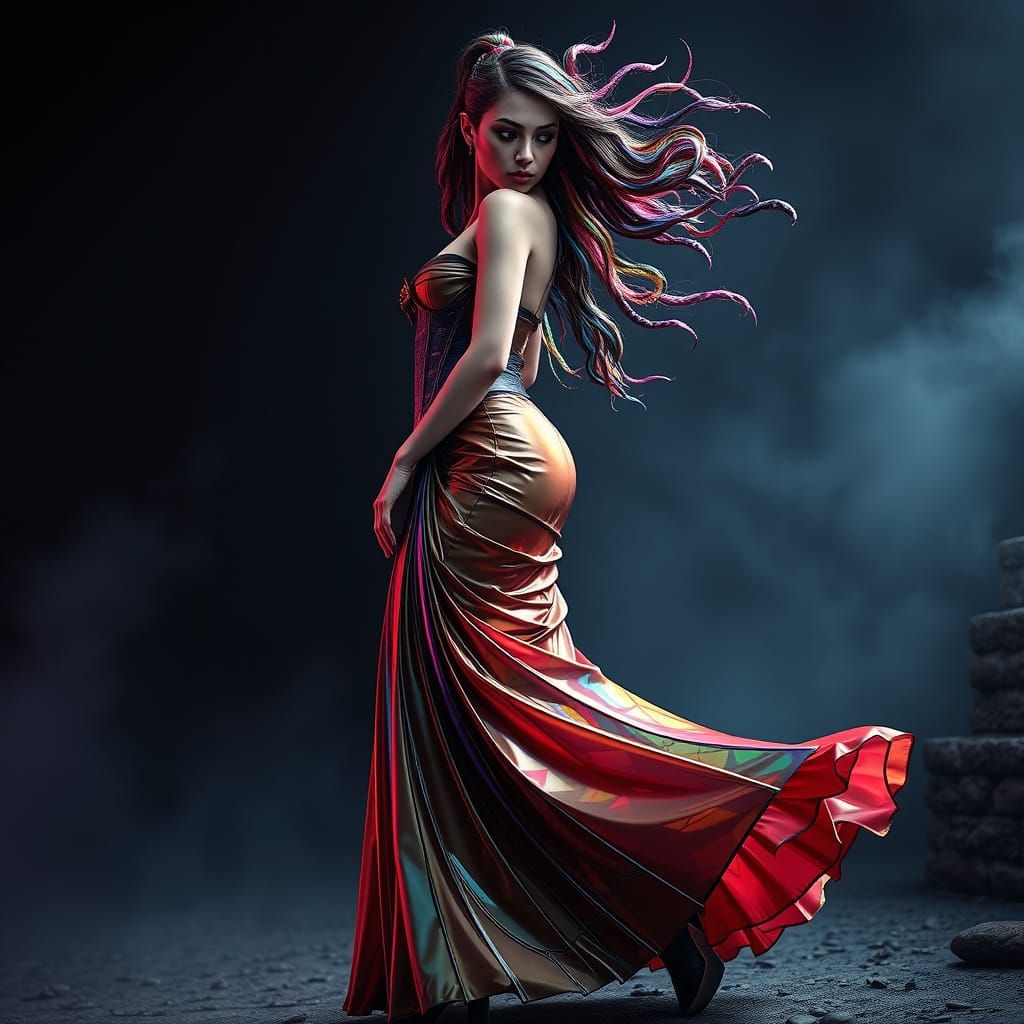 Ethereal Woman in Shimmering Latex Amidst Ancient Fog
