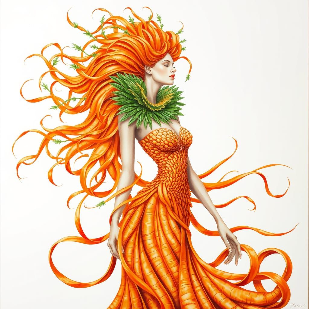 Siren in Vibrant Carrot Gouache Masterpiece