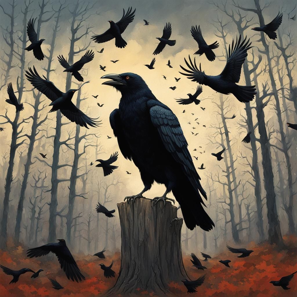 Sinister Tree Man in Forest with Crows