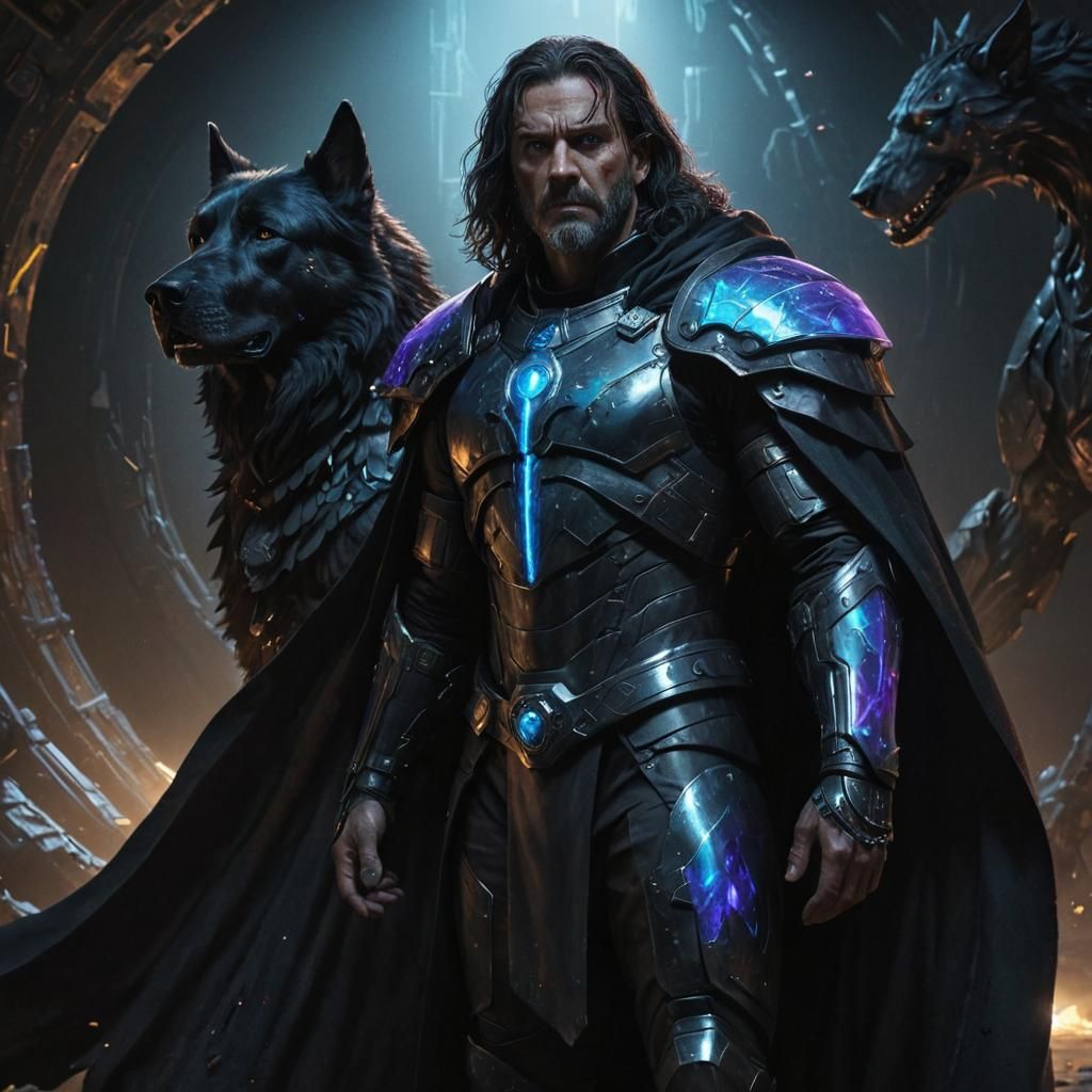 Armored Man and Three-Headed Dog in Dark Sci-Fi