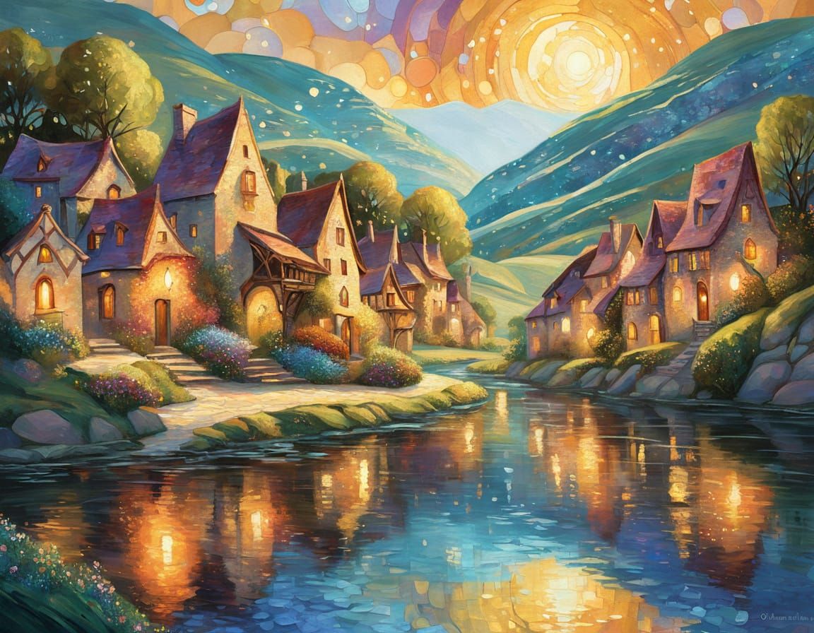 Shimmering Sun-Drenched Village in Golden Hour Oil Painting