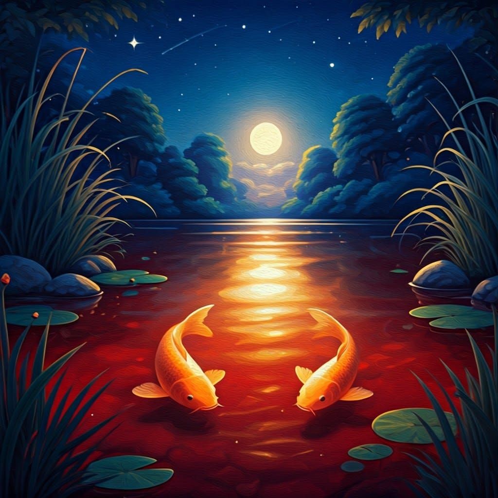 Moonlit Koi Fish in Tranquil Red Pond