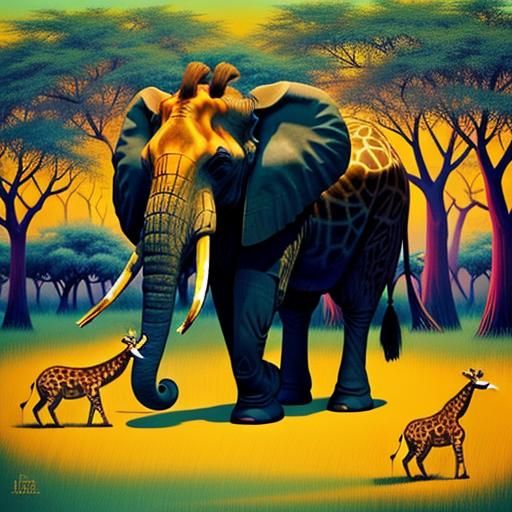 Elephant Shines Giraffe's Shoes on Sunny Savannah