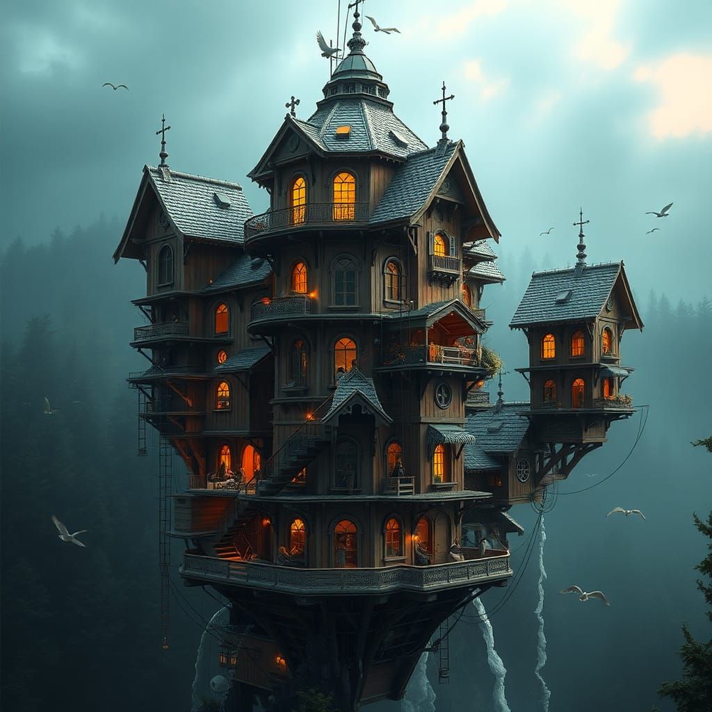 Multi-Story Birdhouse Skyscraper: Digital Matte Painting