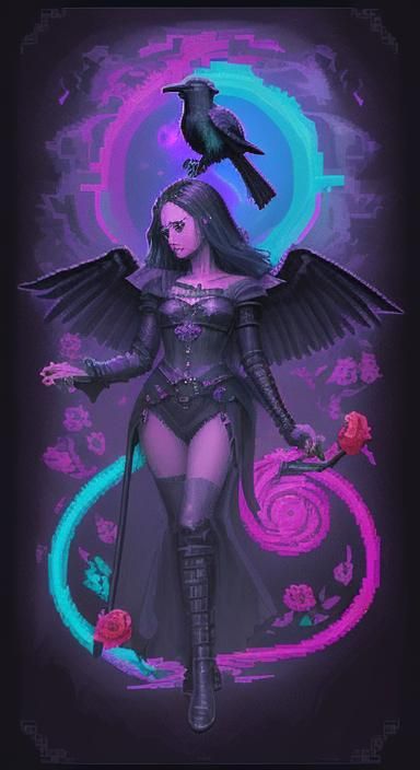 Raven, Rose, Tome, and Sword in Pixel Art