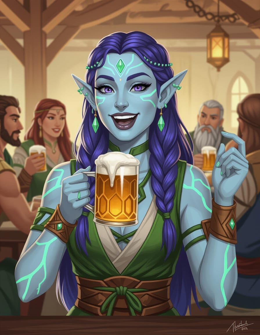 Earth Genasi Druid Celebrates in Tavern