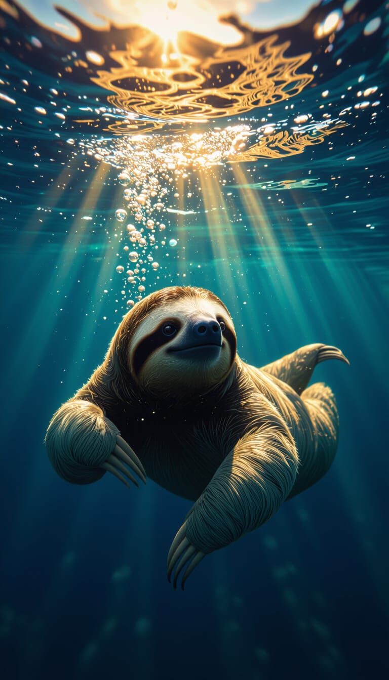 Serene Underwater Sloth in Golden Light Rays