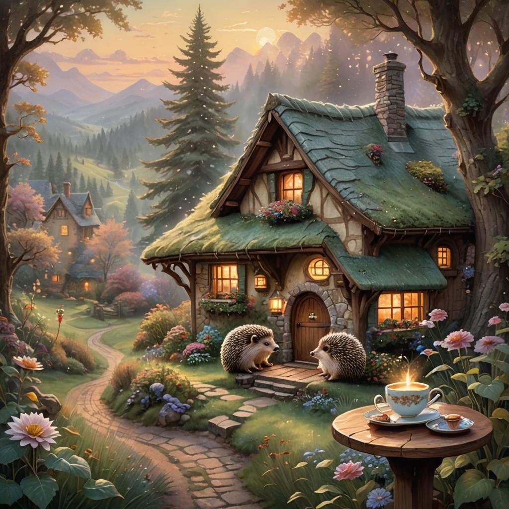 Hedgehog's Cozy Morning Coffee: Whimsical Cottagecore Art