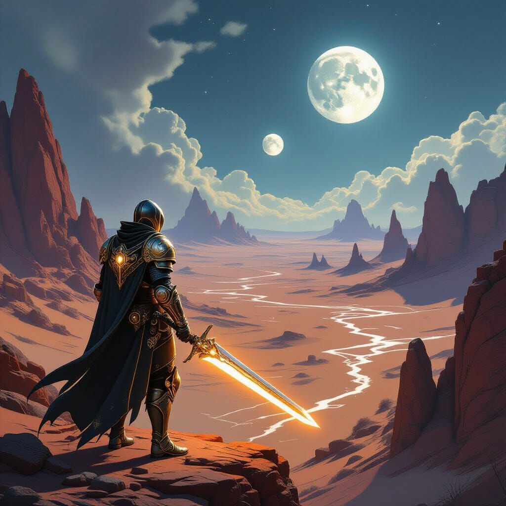 Steampunk Knight on Alien Desert Precipice