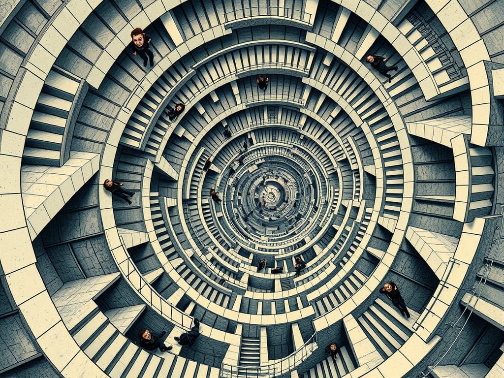 Infinite Staircase in Escher-Inspired Lithograph Style