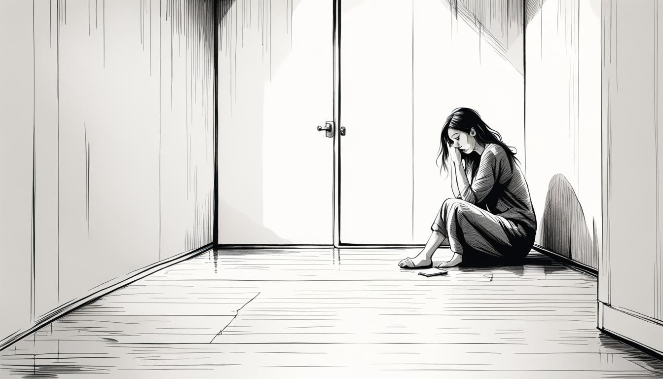Lonely Woman in Empty Room: Pencil Illustration