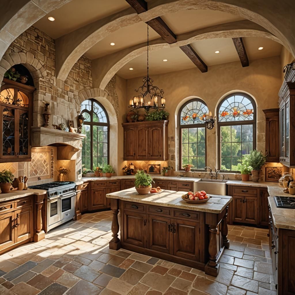 Tuscan-Style Cottage Kitchen with Stone Arches