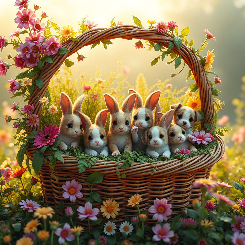 Whimsical Flower Basket with Bunnies, Cats, and Puppies