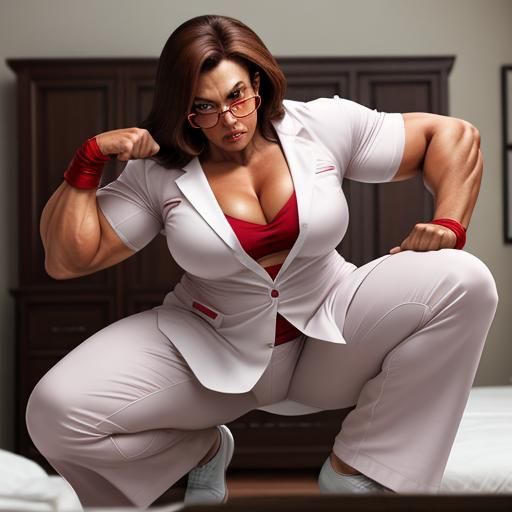 Angry Woman in Lab Coat Flexing Muscles