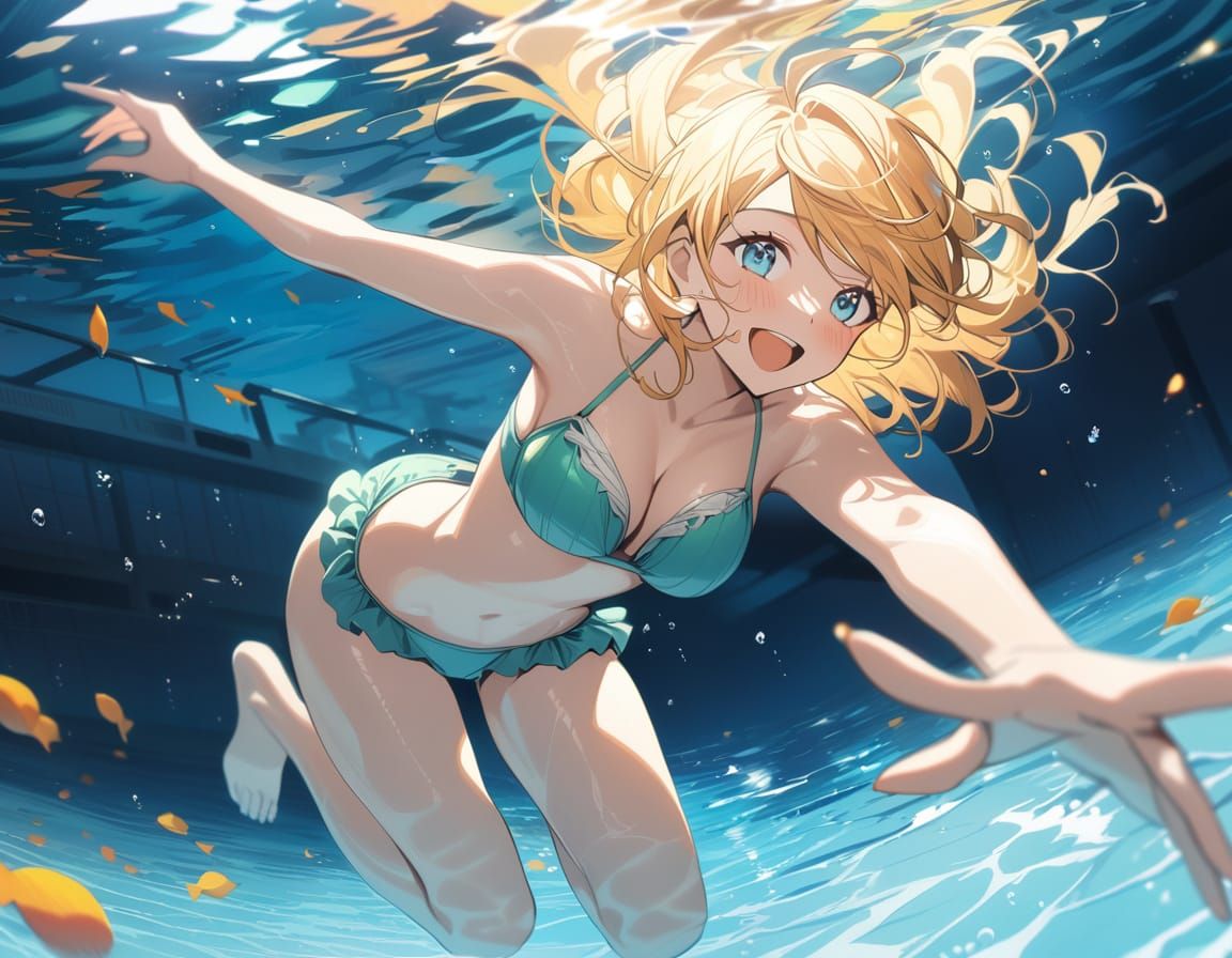 A Young Woman's Joyful Moment in a Sparkling Pool