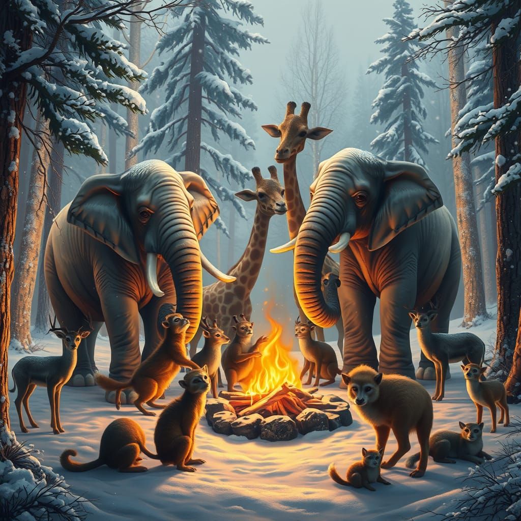 Winter Wonderland Campsite with Fantastical Creatures Gather...