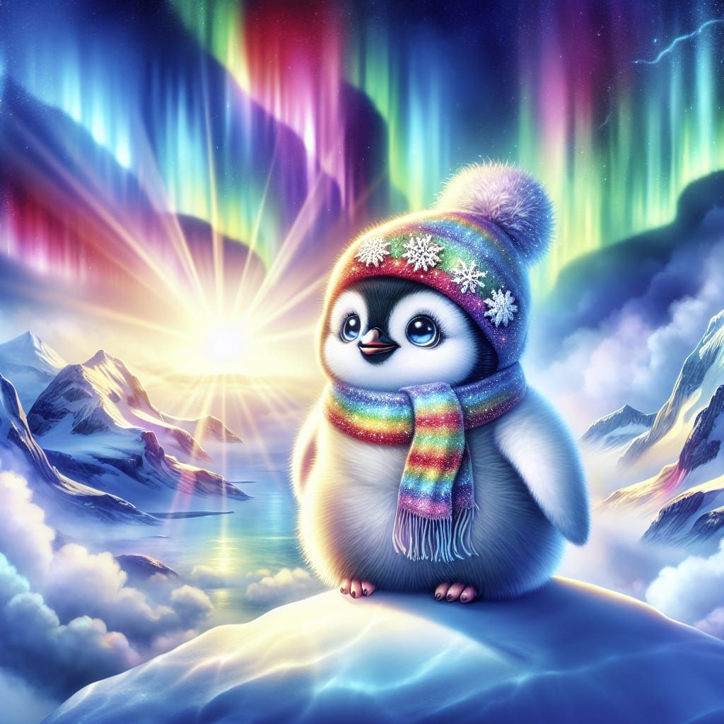 Rainbow Penguin on Glacier Under Northern Lights