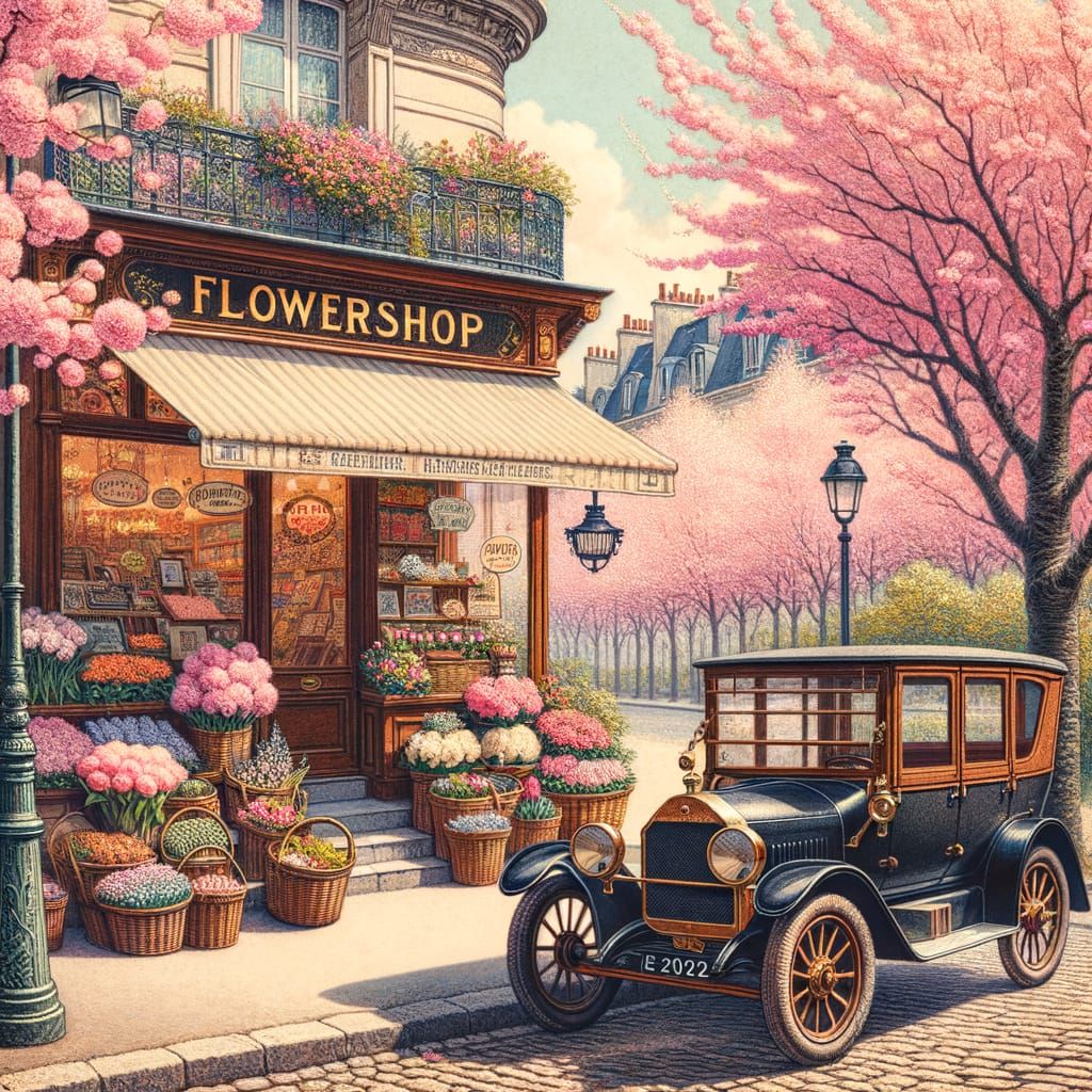 Springtime Flowershop Along Parisian Roadside