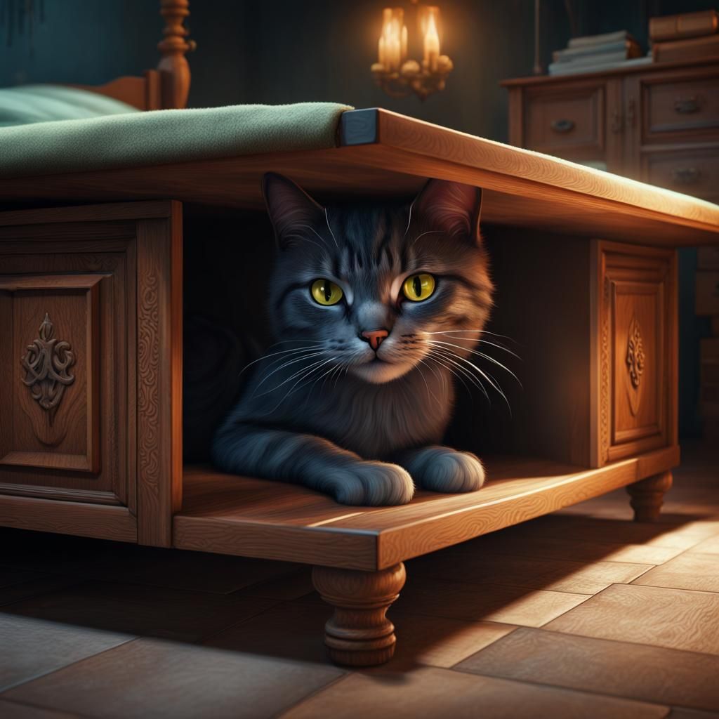 Cat Hiding Under Bed: Detailed Matte Painting
