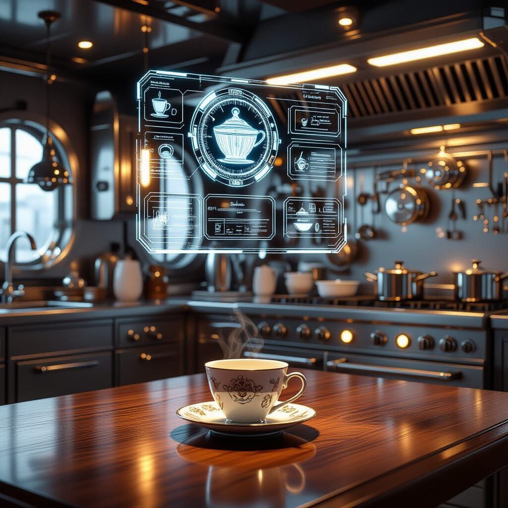 Futuristic Kitchen with Holographic Recipes and Clockwork Ap...