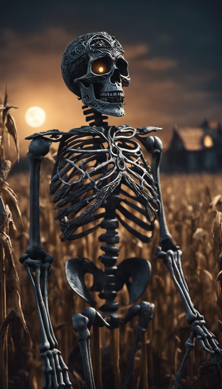 Wrought Iron Skeleton in Spooky Cornfield