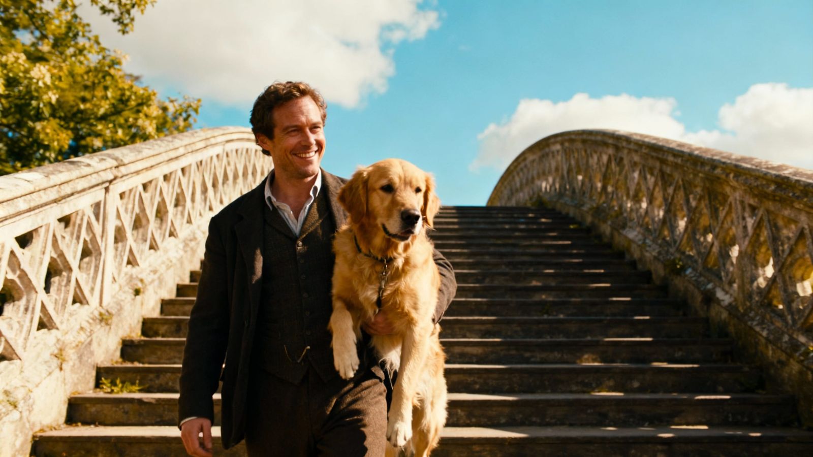 British Man and Dog Walk Sunny Bridge: Cinematic Film Still