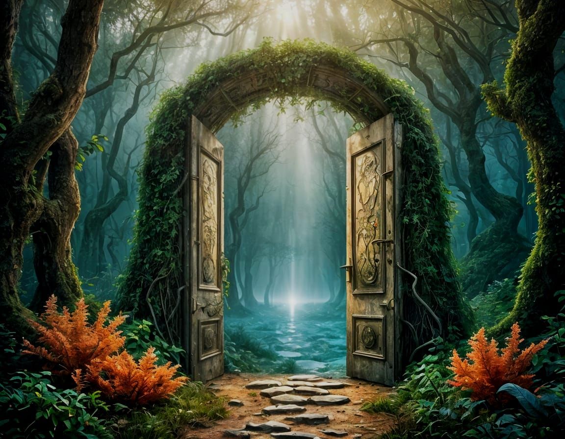 Ocean Portal Through Forest Doors: Surreal Digital Art