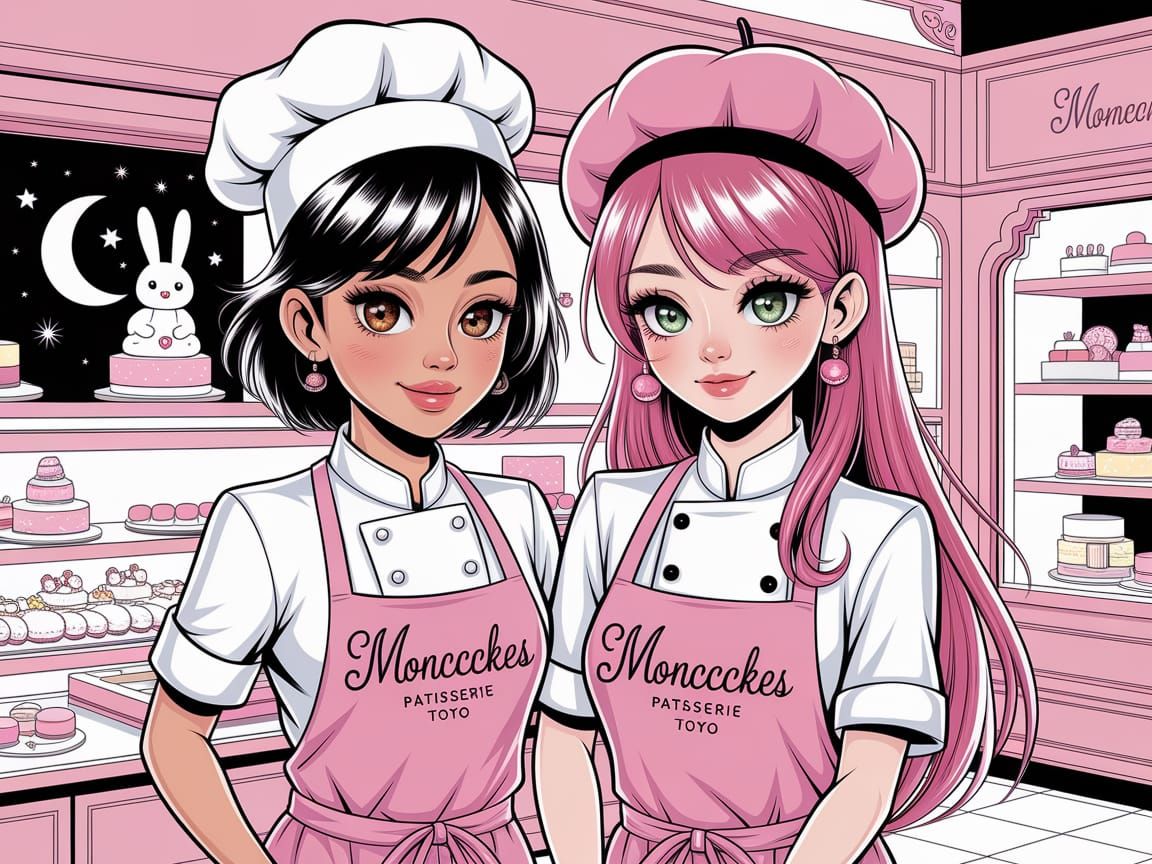 Two Women Working at Cute Mooncakes Patisserie in Manga Styl...