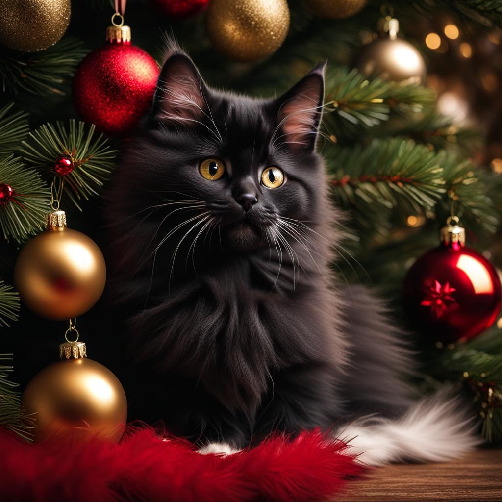 Hyperrealistic Kitten Playing in Christmas Tree