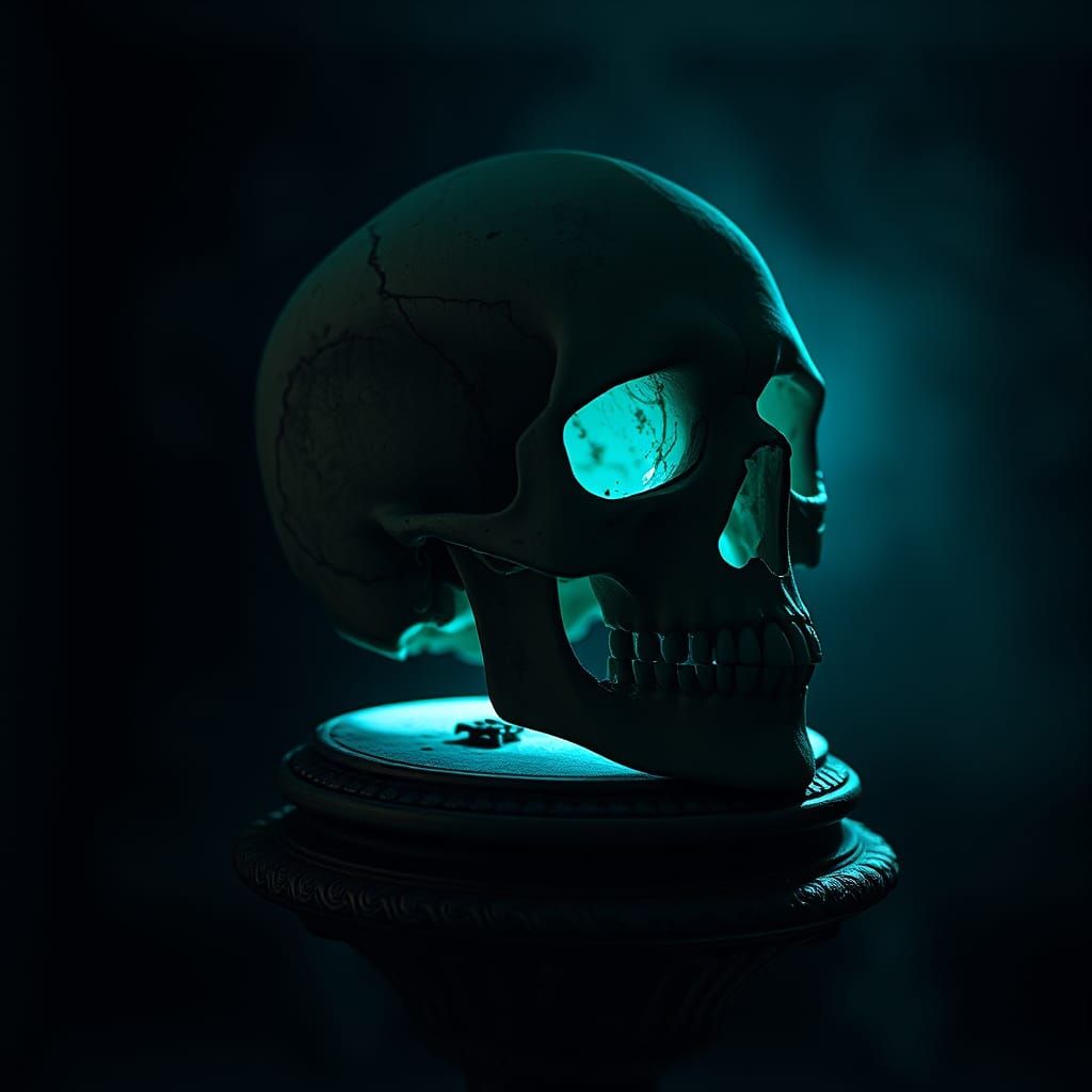 Ethereal Skull with Blue-Green Glow on Pedestal