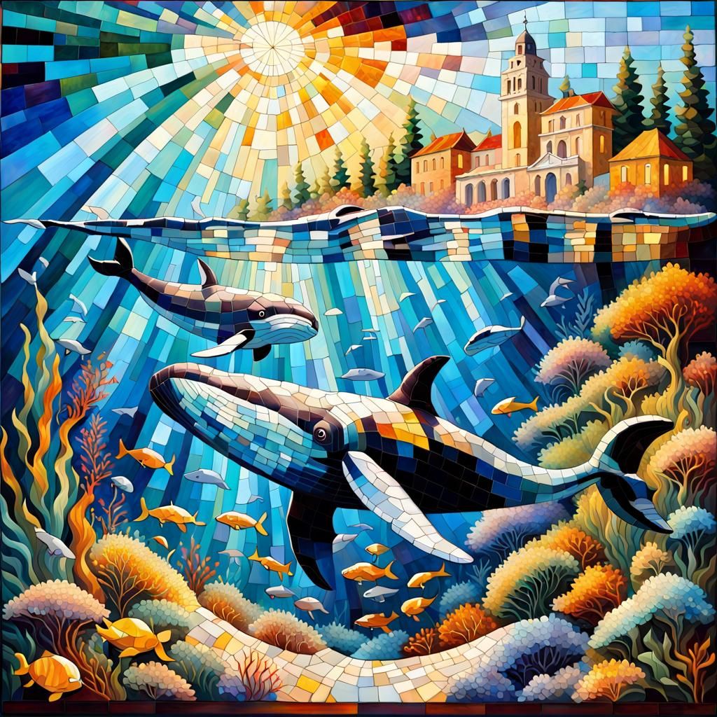 Underwater Whale Mosaic in Vibrant Roman Style