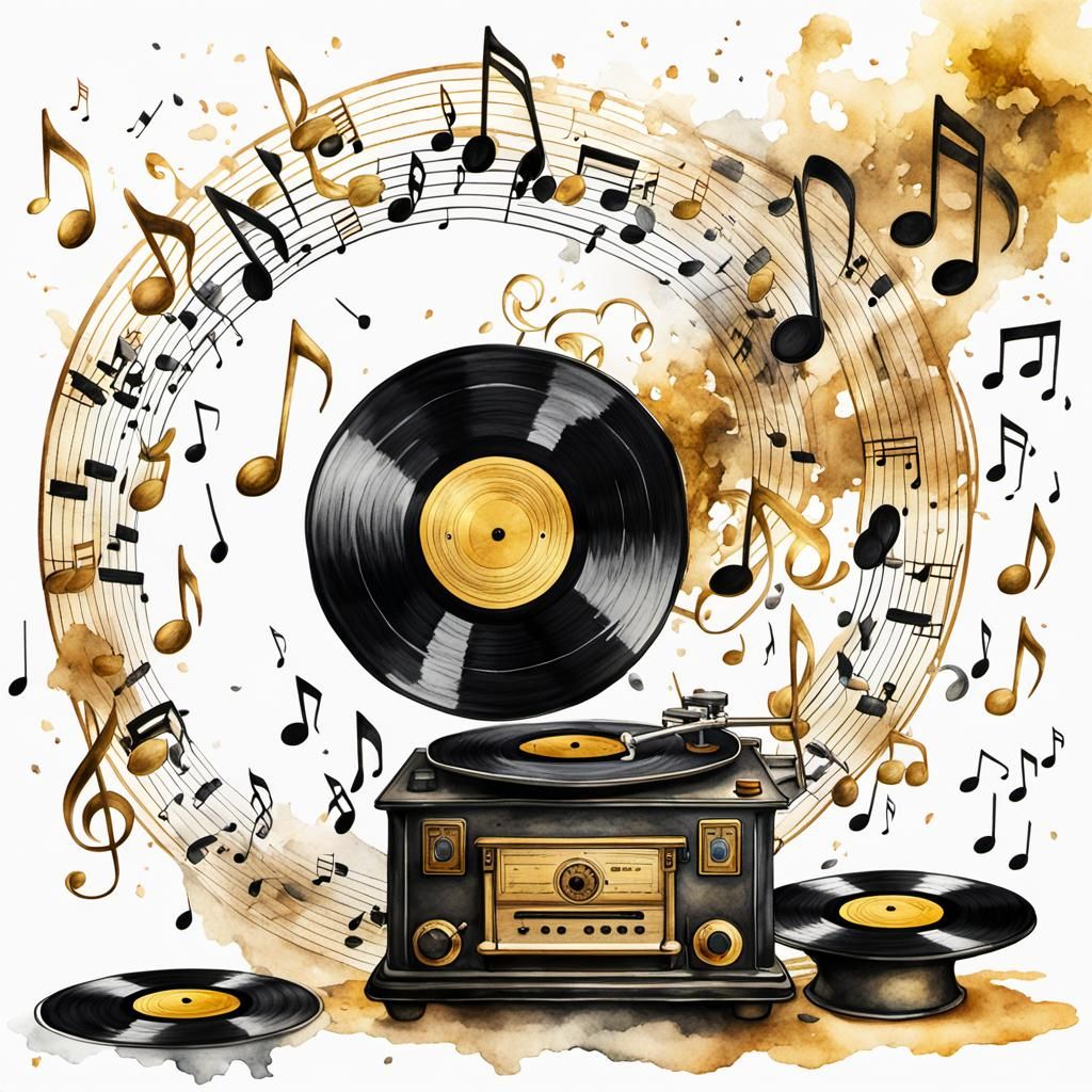 Music Notes Swirling Around Record Player in Watercolour