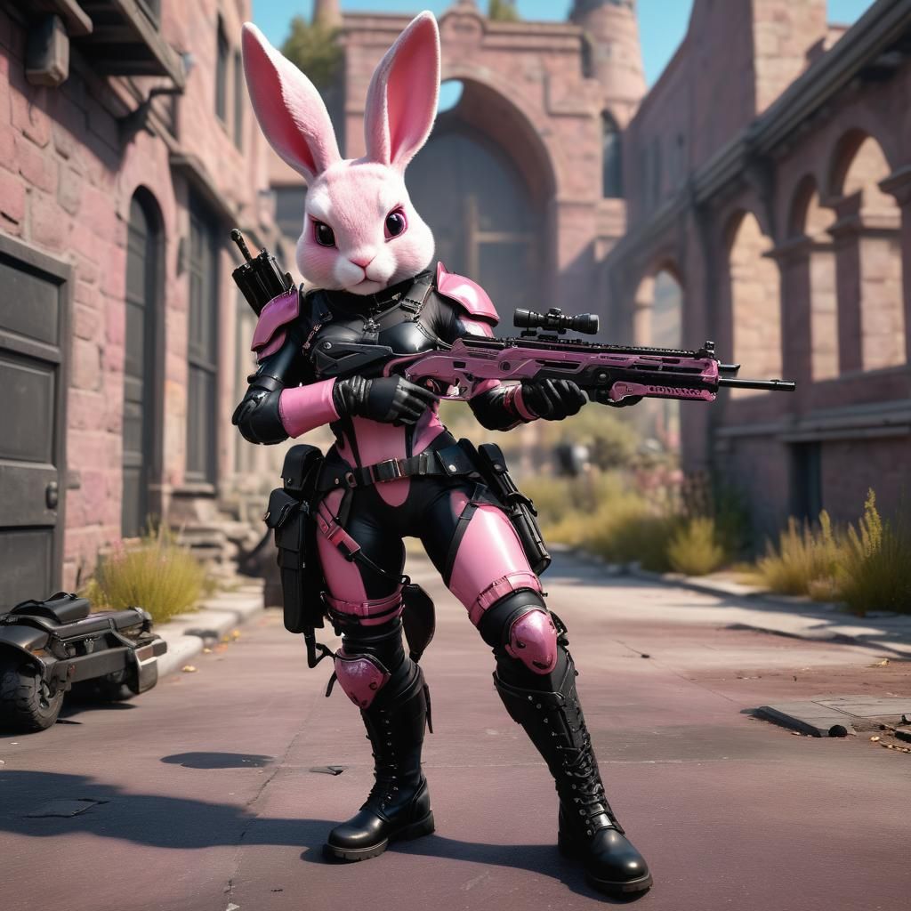 Pink Rabbit RPG Character with Crossbow, 3D Render