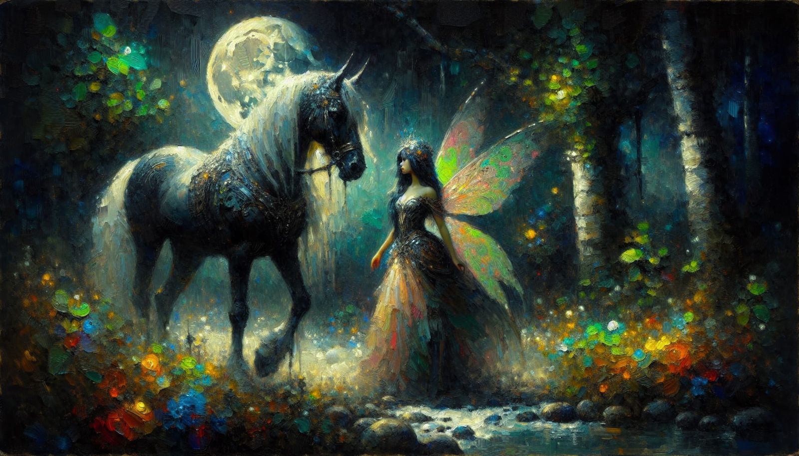 Mystical Moonlit Fairy in Enchanted Glade as Impasto Paintin...