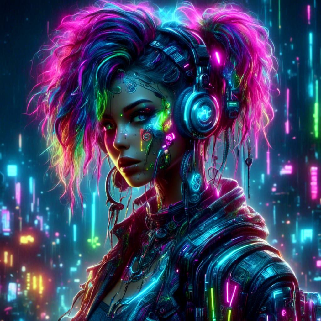 Cyberpunk Pixie with Rainbow Hair, Neon Accents