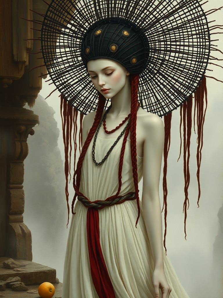 Albino Priestess in Ebony Headdress, Dark Fantasy Art