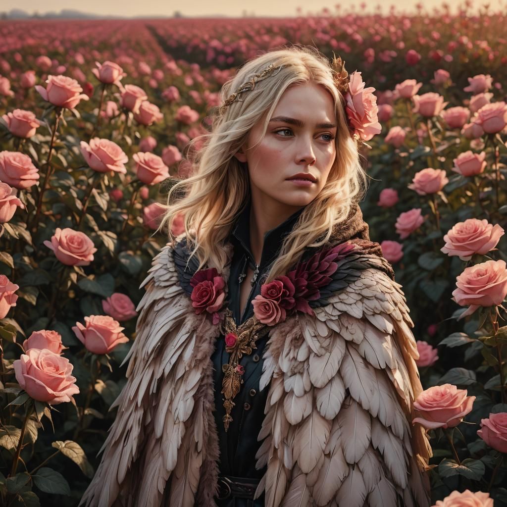 Lady in Feather Cloak Amidst Rose Field