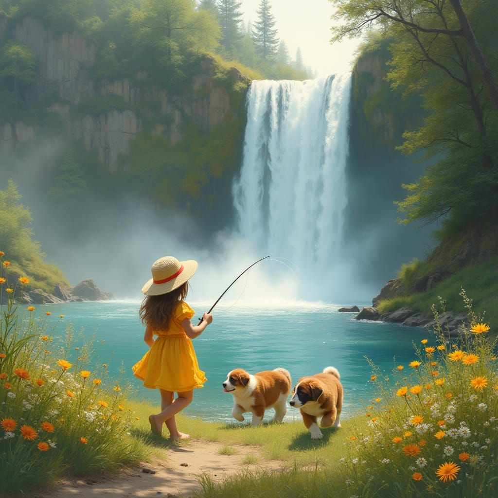 Girl Fishing near Majestic Waterfall with Loyal St. Bernard ...